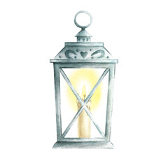 Retro lantern with glowing candle inside. Hand drawn watercolor isolated illustration on white. Old vintage metal lamp clipart. Ornamental element for greeting cards, festive packaging and designs.