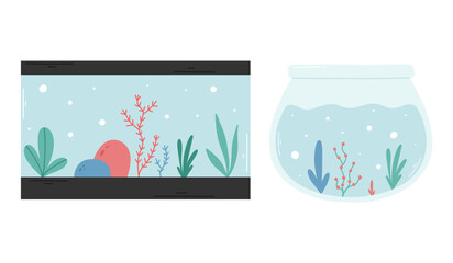 Set of aquariums. Vector illustration. Collection of aquariums for fish isolated on a white background.