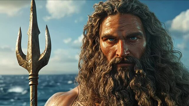 Powerful depiction of Poseidon holding his trident, symbolizing strength and the sea's might