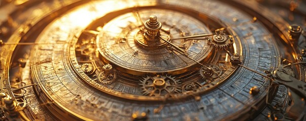 Fototapeta premium Close-up of an intricately designed bronze astrolabe under warm light.