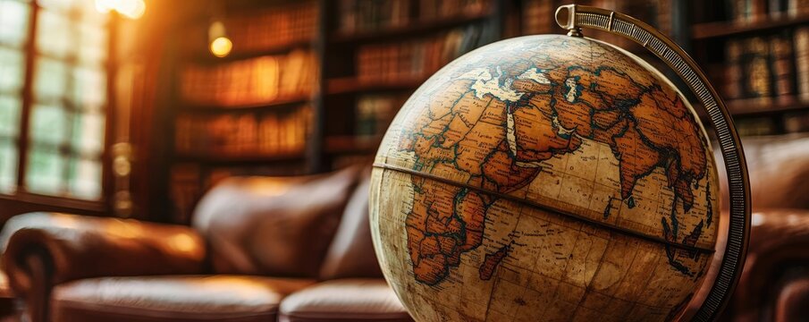 Vintage globe in a cozy library setting with warm lighting.
