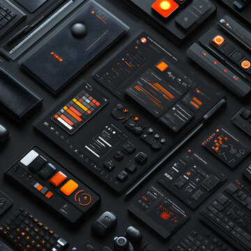 Flat lay of modern user interface design elements in dark mode with orange accents.