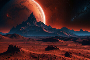 Obraz premium Sharp mountain peaks under a glowing red planet; nebula and a distant supernova fill the cosmic background