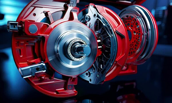 High-quality close-up of a modern automotive engine component in vibrant red
