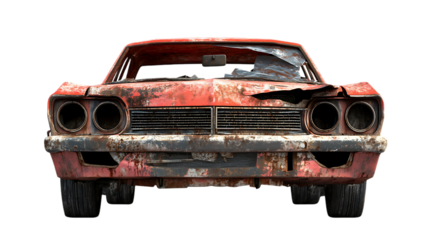 Wrecked car, heavily damaged, isolated on transparent background, front view
