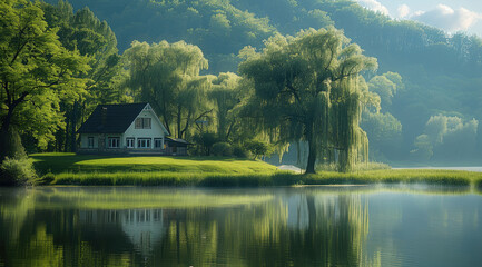 Obraz premium Beautiful green landscape with a small house, lake, and willow trees in the spring or summer time.
