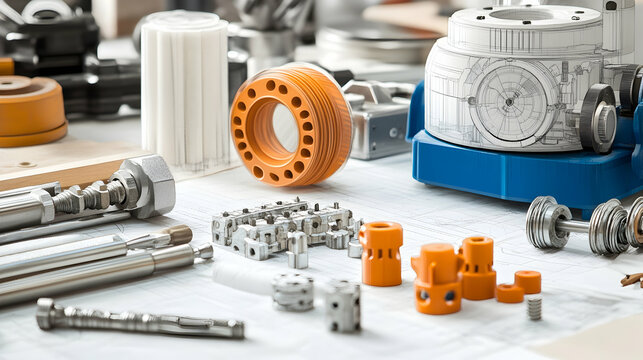 Industrial parts and tools scattered on a blueprint.