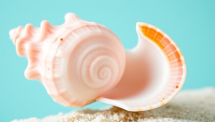 Pink Seashell on White Sand with Blue Background,