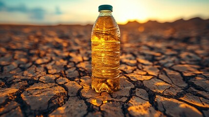 A plastic bottle filled with liquid stands on cracked earth.