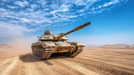 Fototapeta premium Rustic vintage military tank resting in a vast, sun-soaked desert landscape under a clear blue sky.
