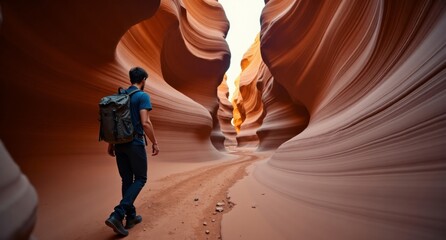Trailblazer male model hiking through Antelope Canyon, USA with earthy green and brown tones, gravity-defying landscape shot in 8k with Hasselblad X1D.