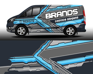 Delivery van vector design. Car sticker. Car design development for the company. Gray background with blue stripes for car vinyl sticker.