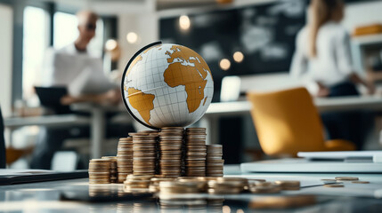Close-up of a globe resting on stacks of coins on a desk in a modern office setting with blurred people in the background