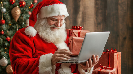 Naklejka premium Santa claus using laptop near christmas tree and gifts