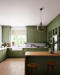 A modern green kitchen that beautifully incorporates natural elements along with warm wood accents