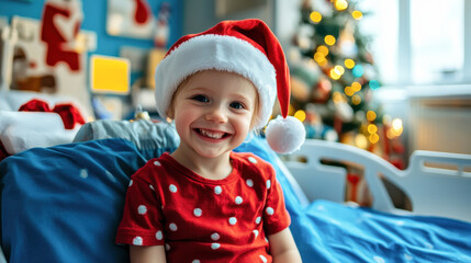 Smiling child wearing santa hat sitting on bed in hospital room decorated for christmas