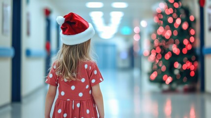 Little girl wearing santa hat walking in hospital corridor at christmas time