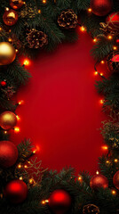 Festive Christmas Border with Pine Branches, Red and Gold Baubles, and Lights on Red Background