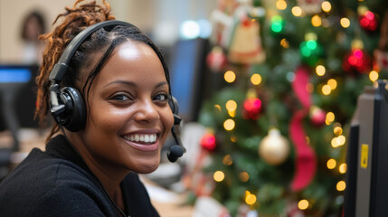 Smiling customer service representative working during christmas season