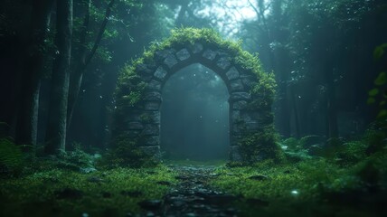 Mystical ancient stone archway nestled in a serene forest, inviting exploration and wonder.
