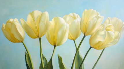Obraz premium Elegant Yellow Tulips Against Soft Blue Background