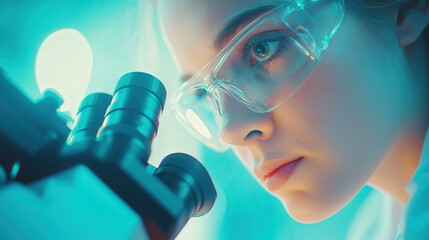 focused female scientist examining samples through microscope in laboratory, showcasing dedication and precision in her research
