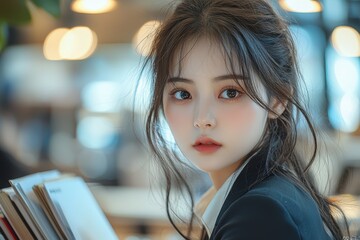 Young professional woman in modern office setting with books and blurred lights