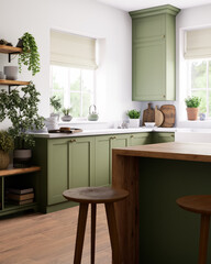 A modern green kitchen with natural elements and an elegant modern design