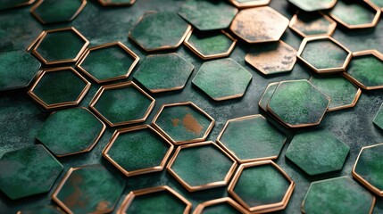 Green hexagonal tiles with gold trim.