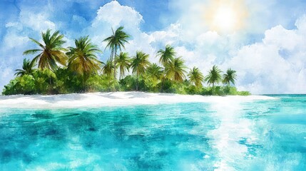 A vibrant watercolor painting of a tropical island, with turquoise waters lapping against the white sandy shore, palm trees swaying gently in the breeze under a bright sun.