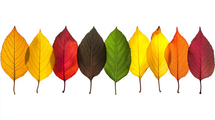 Colorful autumn leaves isolated at white background. Concept of natural harmony and autumn season. Abstract horizontal background.