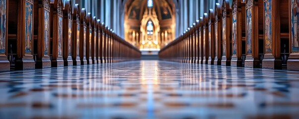 Obraz premium Interior view of a cathedral showcasing intricate architecture and polished floor.