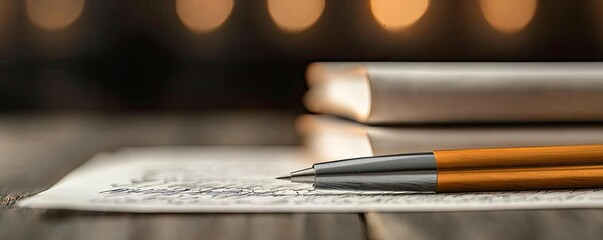 Close-up of a pen on a sketch paper with books in the background.