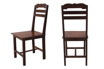 Old wooden chair isolated on white background, side view, black view.