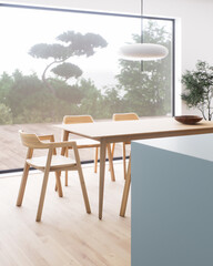 A modern dining room with a picturesque view and a minimalist clean design