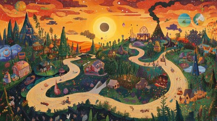 Obraz premium Winding path through whimsical forest with houses.