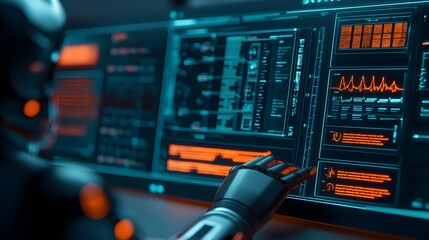 Naklejka premium A futuristic interface displays data with glowing elements, featuring a robotic hand interacting with vibrant screens.