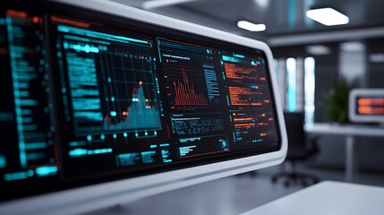 A sleek computer monitor displays vibrant data visualizations and code in a modern office environment, showcasing advanced technology.