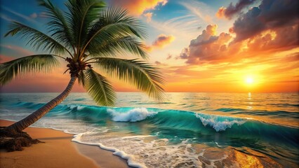 Obraz premium dreamy aesthetic style of tilted angle sea with turquoise wave, orange sky, and palm tree with blue leaves
