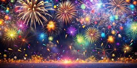 Fototapeta premium Confetti falling from the sky as fireworks light up the night sky on a special birthday celebration, lively atmosphere, colorful sparks, party decorations