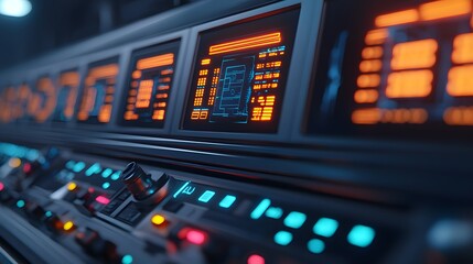 A futuristic control panel glows with colorful lights and digital displays, suggesting advanced technology and a high-tech environment.