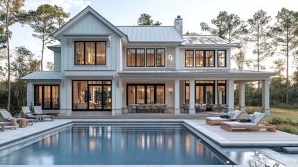 Modern house with pool surrounded by trees and outdoor seating.