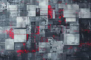 abstract composition with gray textured blocks and red accents arranged in a geometric pattern on a...