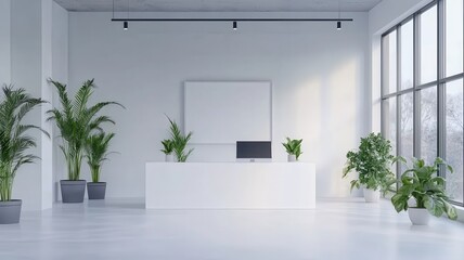 Fototapeta premium Bright and airy open workspace with a clean white aesthetic, promoting productivity and creativity.