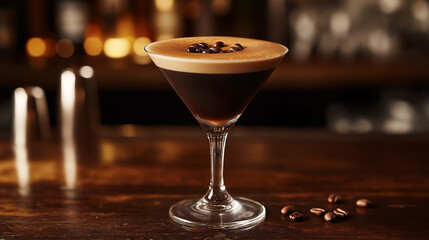 Espresso martini cocktail with coffee beans garnish