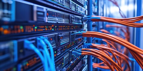 Server rack with blue and orange cables.