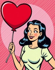 Cheerful woman holding heart balloon in retro pop art style