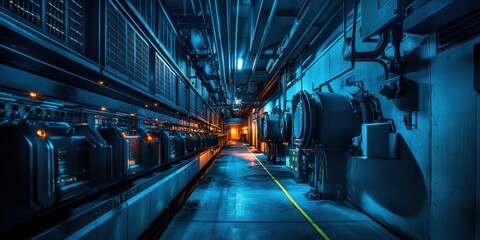 Obraz premium Industrial hallway with blue lighting and machinery.