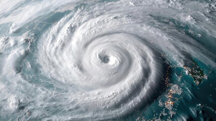 Aerial view of a powerful hurricane swirling over the ocean.