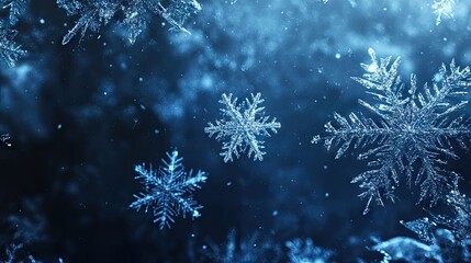 Festive background highlights falling snowflakes, creating a perfect texture for New Year and Christmas celebrations. Ideal backdrop with ample copy space for seasonal designs.